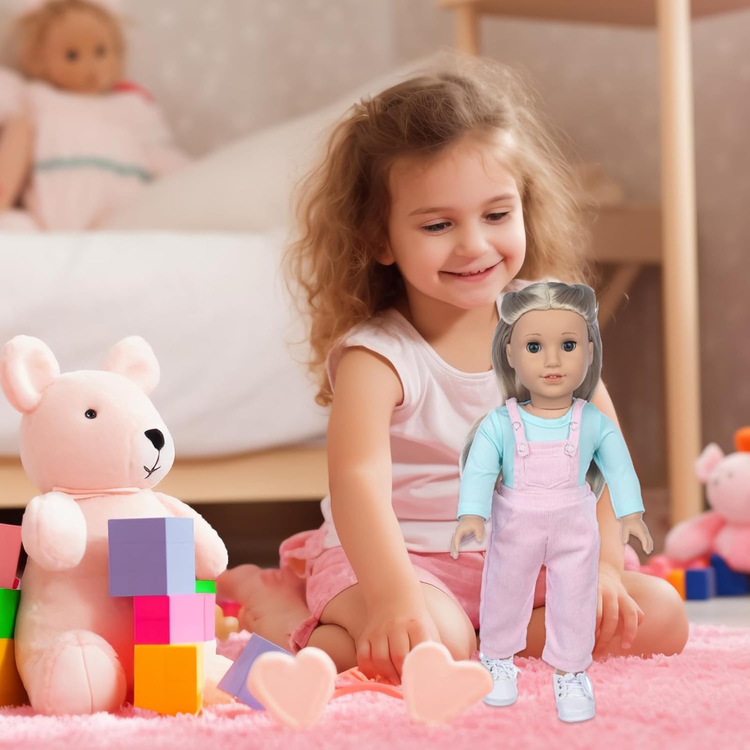 18 Inch Doll Clothes and Accessories, 4 Pcs 18 inch Girl American Doll Clothes Set Include Long Sleeves Pink Overalls Socks and Mermaid Backpack Birthday for Girls (No Doll)