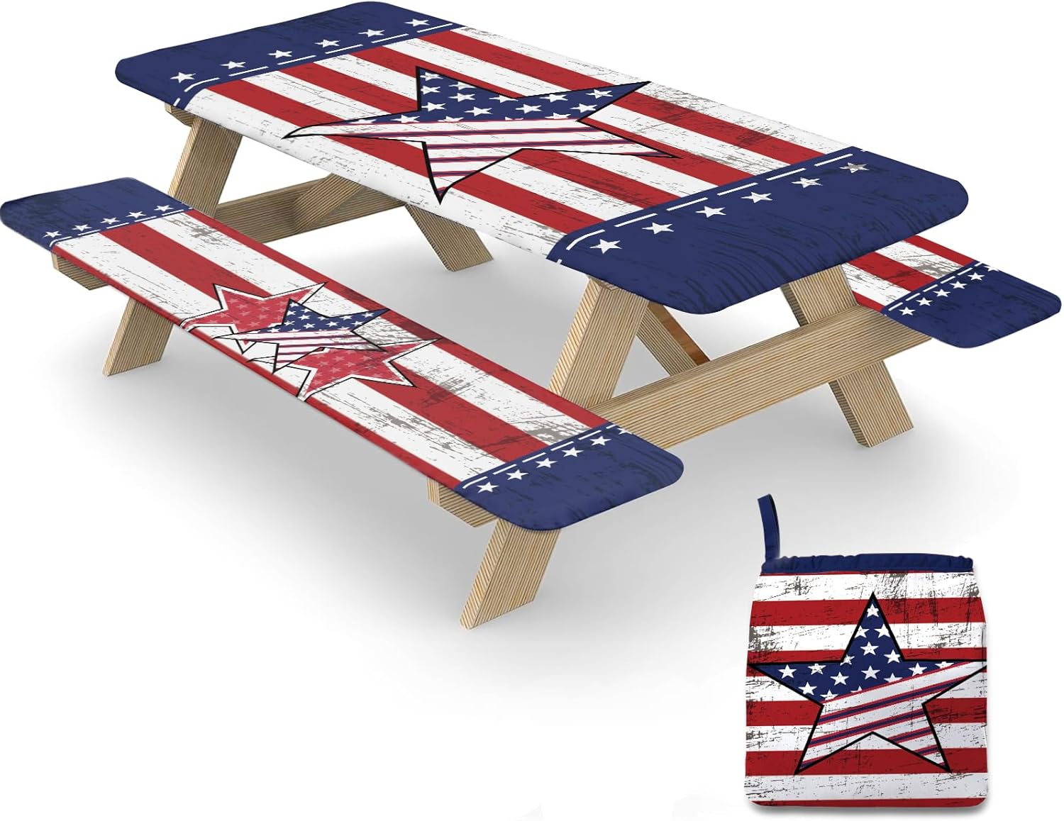 Picnic Table Cover with Bench Covers Elastic Edges, 3 Pcs National Flag Fitted Table Cover with Drawstring Bag, Waterproof Windproof Aesthetic Camping Tablecloth, Outdoor Camping Essentials 72 Inch