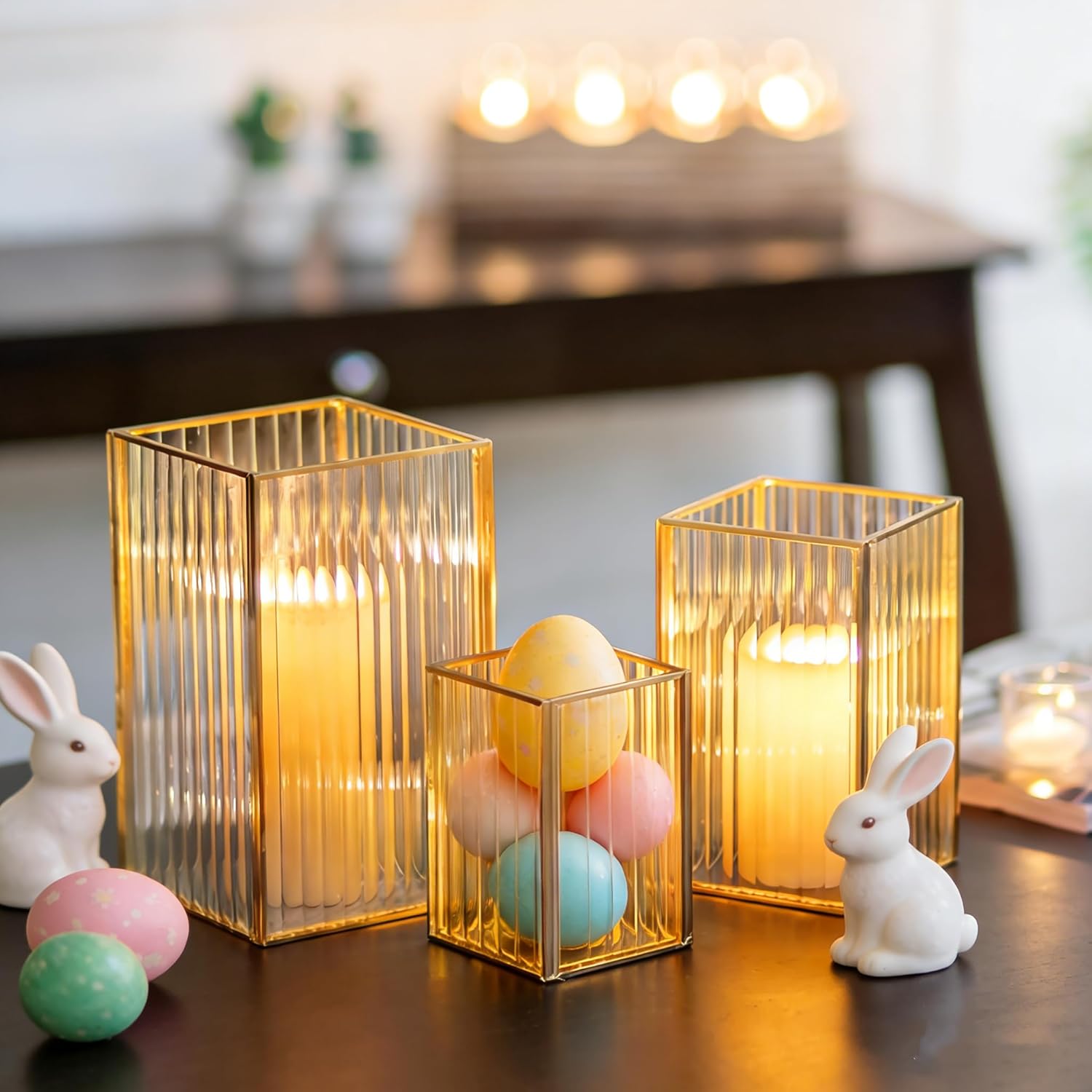 Glasseam Glass Hurricane Candle Holder: Square Black Candle Holders Set of 3 Metal Ribbed Pillar Candle Holder for Table Centerpiece Modern Small Lanterns Decorative Indoor Christmas Halloween Decor