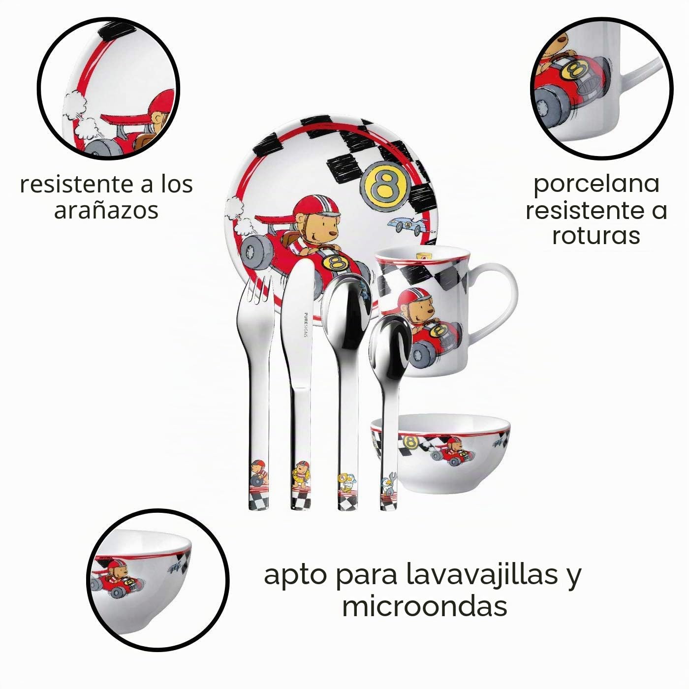 Puresigns One Quick - Vajilla infantil (7 piezas, porcelana, acero inoxidable pulido), color plateado