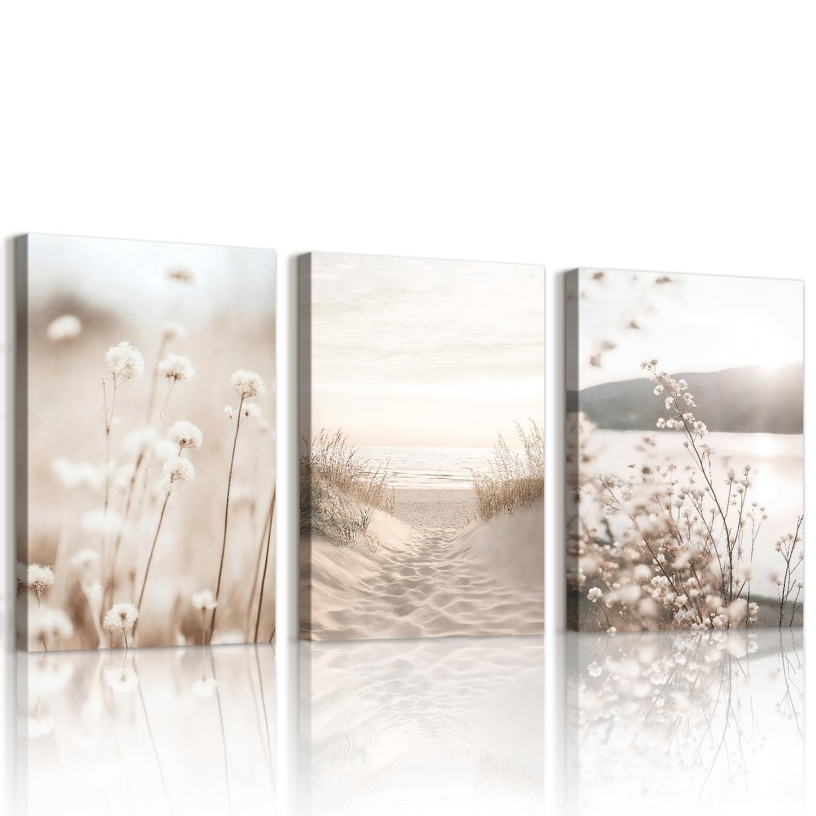 WENGTIAO 3 Stück Boho Beige Landschaft Leinwand Bilder Kunstdrucke Gerahmt, Minimalistische Blumen Strand Küsten Gemälde auf Leinwand, Wandbilder für Modern Wanddeko Wohnzimmer Schlafzimmer 40x60cmx3