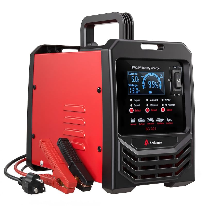 Carregador de Bateria Automotiva Andeman 12 V/24 V, 0–15 A, Automático com Manutenção, Reparo por Pulso e Modo Inverno