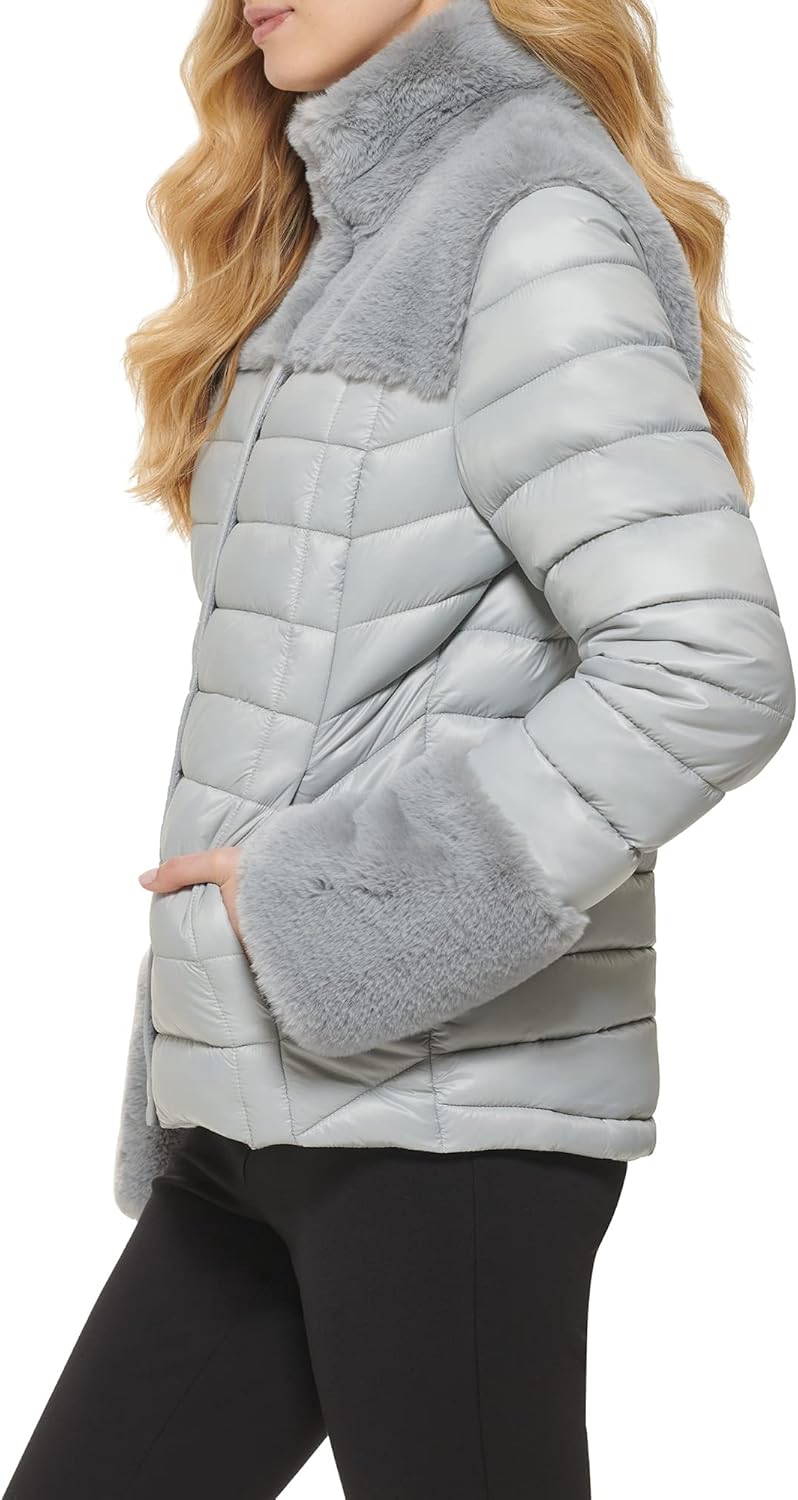 DKNY womens Faux Fur Cuffed Sleeve Puffer Jacket - Image 2
