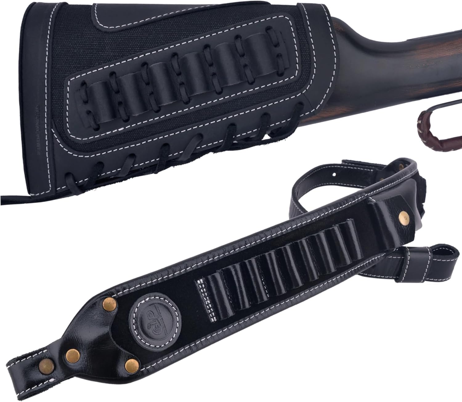 Leather Rifle Buttstock Cheek Rest Pad with Ammo Holder Sling for .308 .45-70 .30-06 .44MAG .410GA