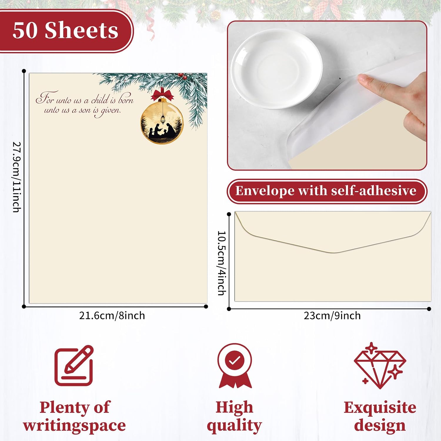 50 Set Christmas Holy Family Letterhead with Envelopes Christmas Computer Print Paper Stationery Paper for Note Letters to Santa Invitations Office School 8.5 x 11 In image 2