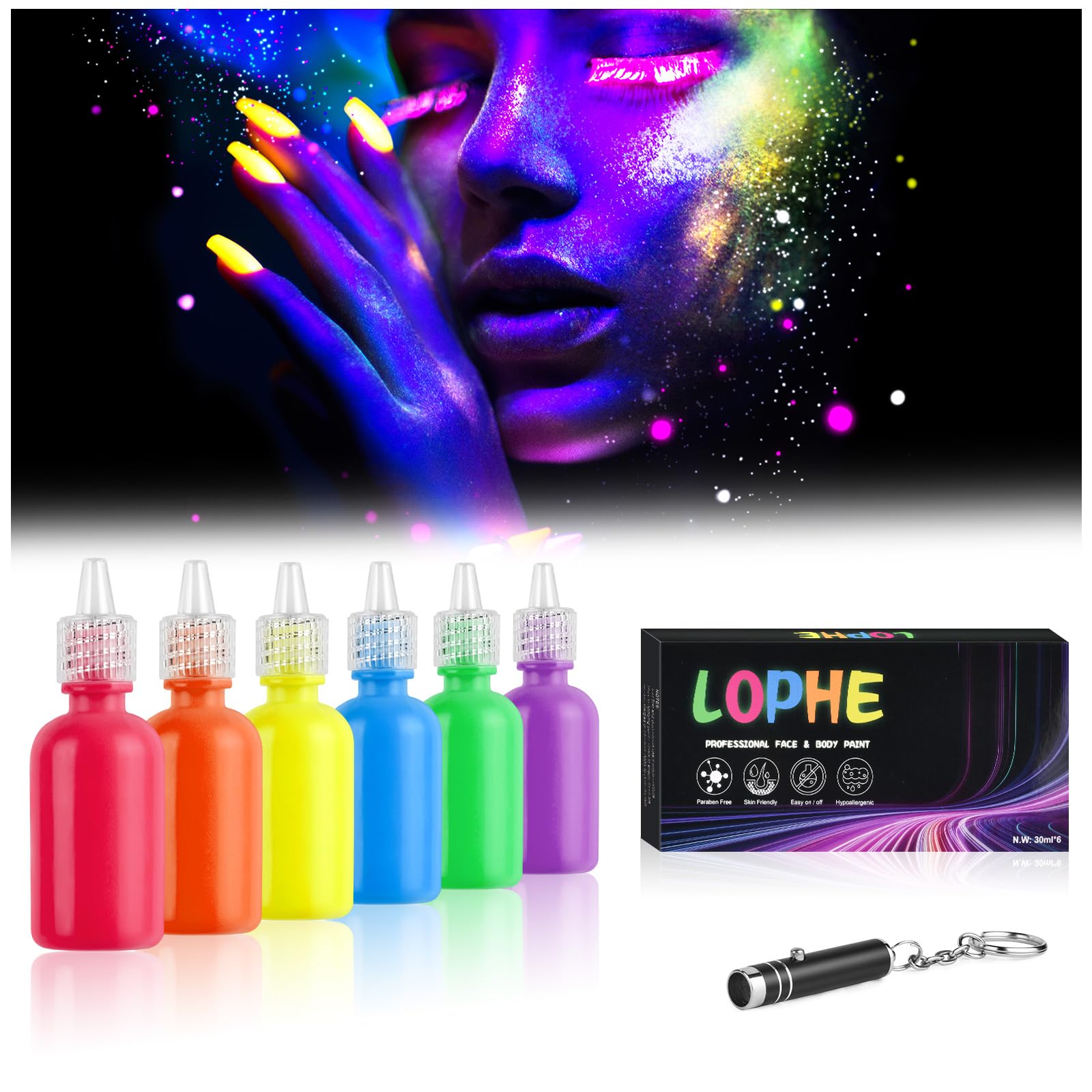 LOPHE Farba do twarzy dla dzieci, zestaw do malowania twarzy 6*30 ml, neonowa farba do twarzy z lampą UV, fluorescencyjne farby do twarzy i ciała, hipoalergiczny, makijaż UV Halloween Festival (zestaw