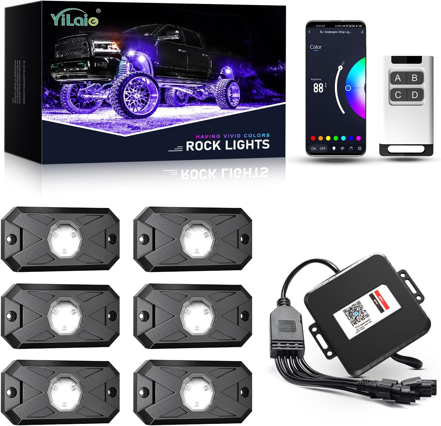 YiLaie 6 Pods Rock Lights Kit with 2 Pack 30cm 4 Pin Extension Cable