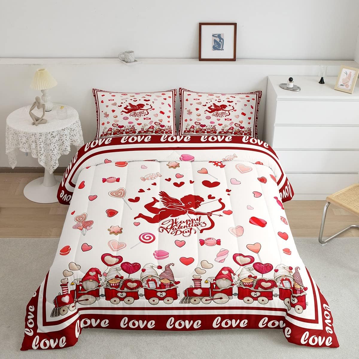 Valentine's Day Bedding Set King Size Cute Gnome Train