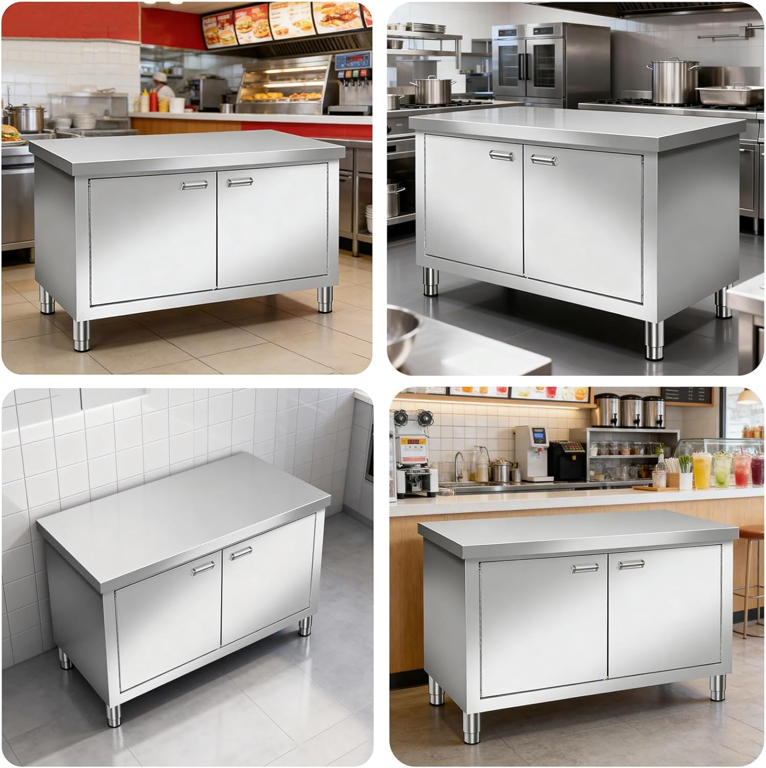 Stainless Steel Workbench Multi-Tier Storage Cabinet Worktable Commercial Metal Prep Countertop Double Doors with Magnetic Latches Kitchen Cutting Table(L80xW40xH80cm/31.5x15.7x31.5”)