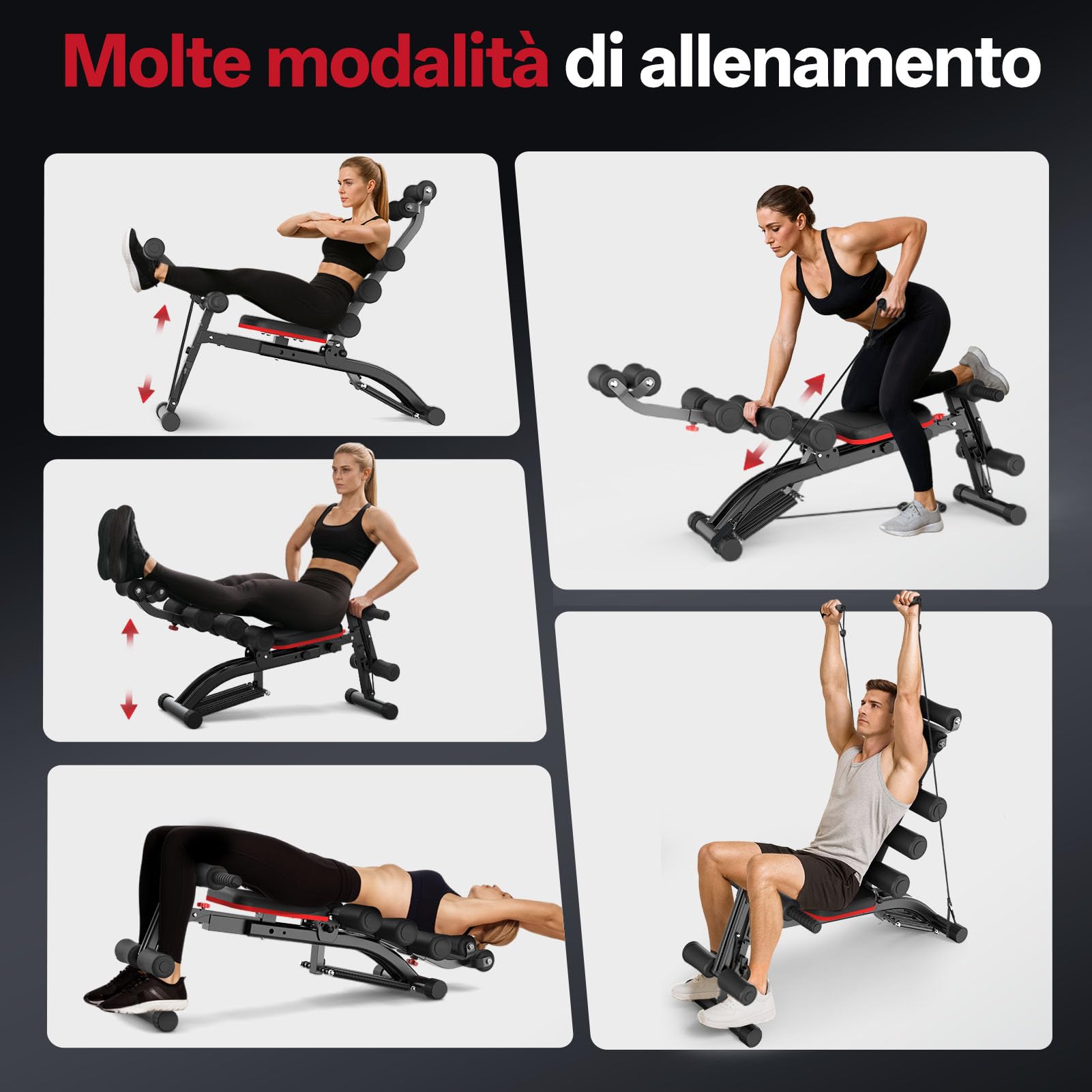 PASYOU Macchina Addominali con Fascette Resistive, Allenatore Addominale Pieghevole Regolabile, Panca Allenamento 135 KG per Palestra Domestica, Sedia Esercizi Corpo Completo