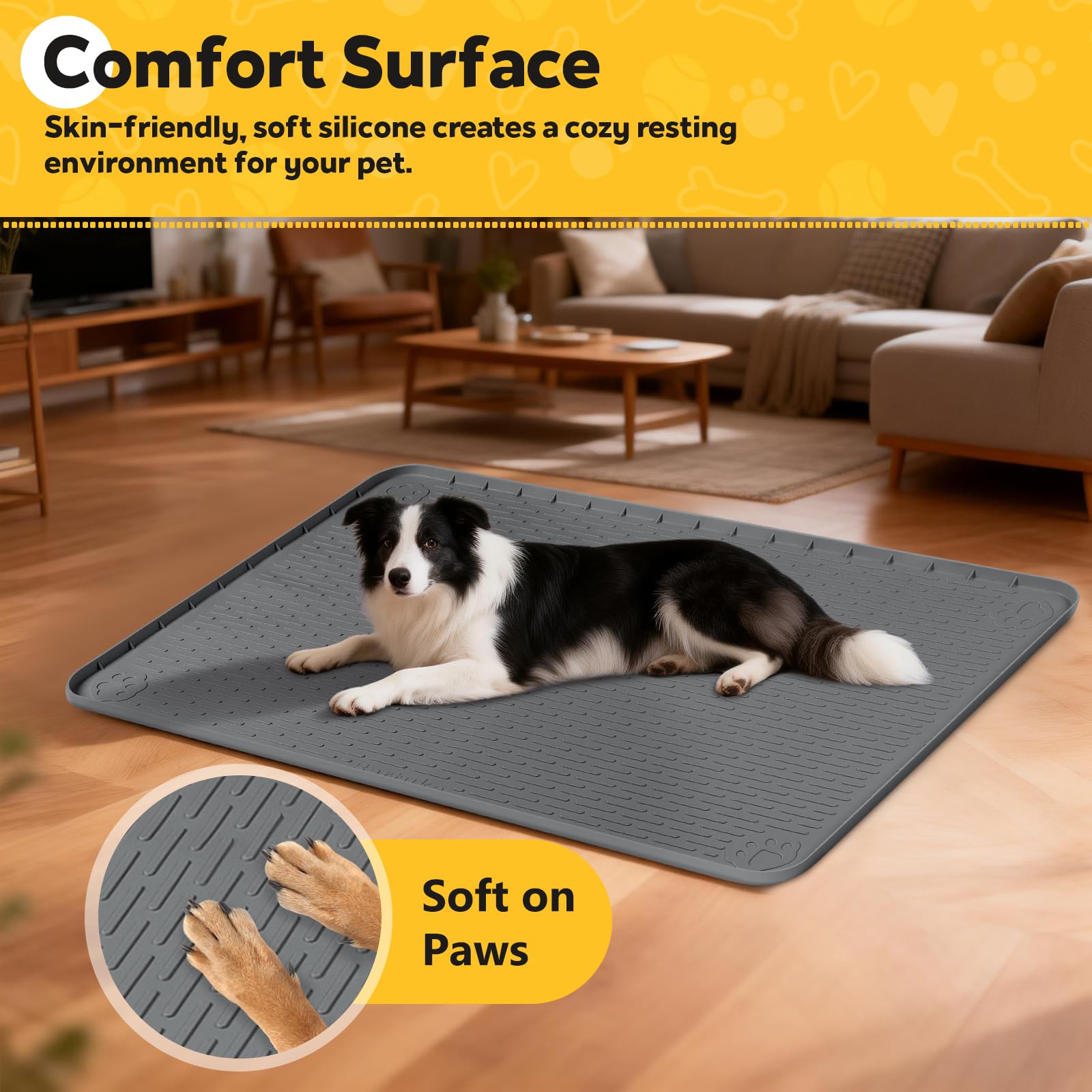 Tapis de boxe en silicone pour chien, tapis pour cages et chenil avec bord surélevé, tapis de lit pour chien, lavable, imperméable, anti-fuite, protège le sol (gris foncé, 132 x 88 cm)