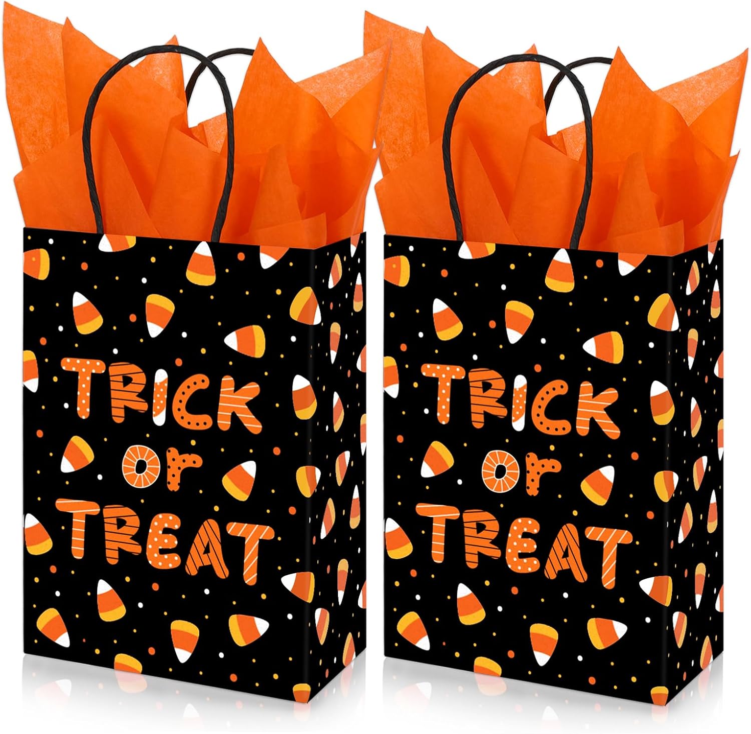 Whaline Candy Corn Paper Gift Bags with Orange Tissue Paper Halloween Party Favors Bags with Handles Trick or Treat Goody Treat Bags for DIY Art Craft Holiday Birthday Party Decor,12Pcs