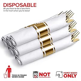 Pre Rolled Plastic Silverware Sets for Parties (25 Pack) Gold Cutlery Set, Disposable Spoons, Forks, Knives, Napkins Prewrapped, Heavy Duty Utensils Individually Wrapped for Wedding, Thanksgiving