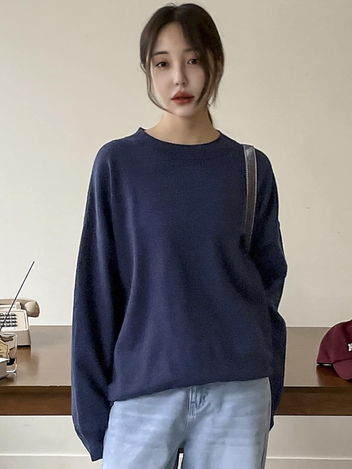 Women's Sweater Round Neck Drop Shoulder Oversized Sweater Sweater for Women (Size : Medium)