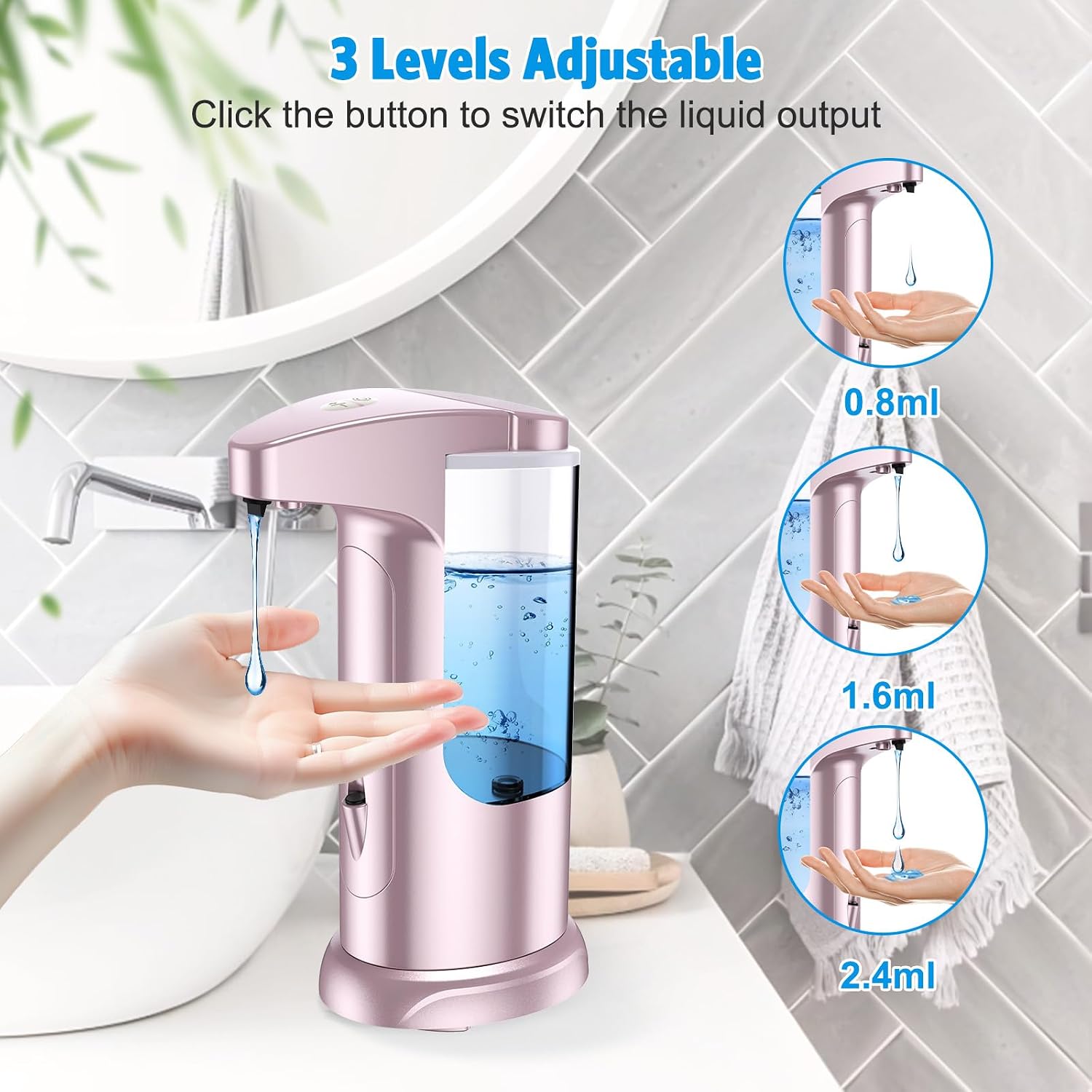 AMIR 12.5oz Touchless Automatic Soap Dispenser, Battery Operated Automatic Liquid Hand Soap Dispenser, Adjustable Volume, Water-Resistant for Kitchen and Bathroom,Pink image 2