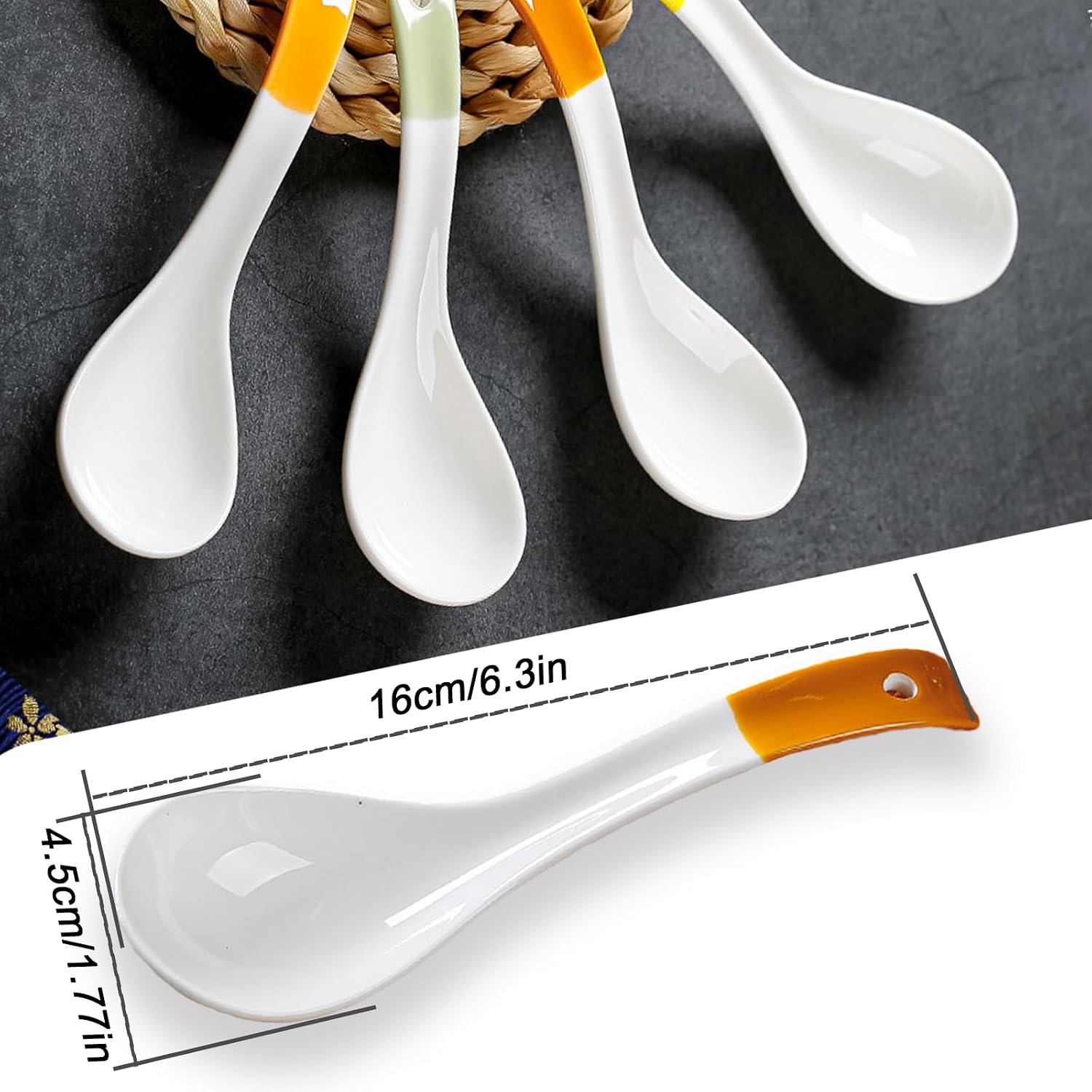 Chinese Soup Spoons,Ramen Spoon,4Pcs Ceramic Soup Spoons Chinese Ceramic Ramen Spoons Porcelain Asian Soup Spoon Set Long and Curved Handle Soup Spoon