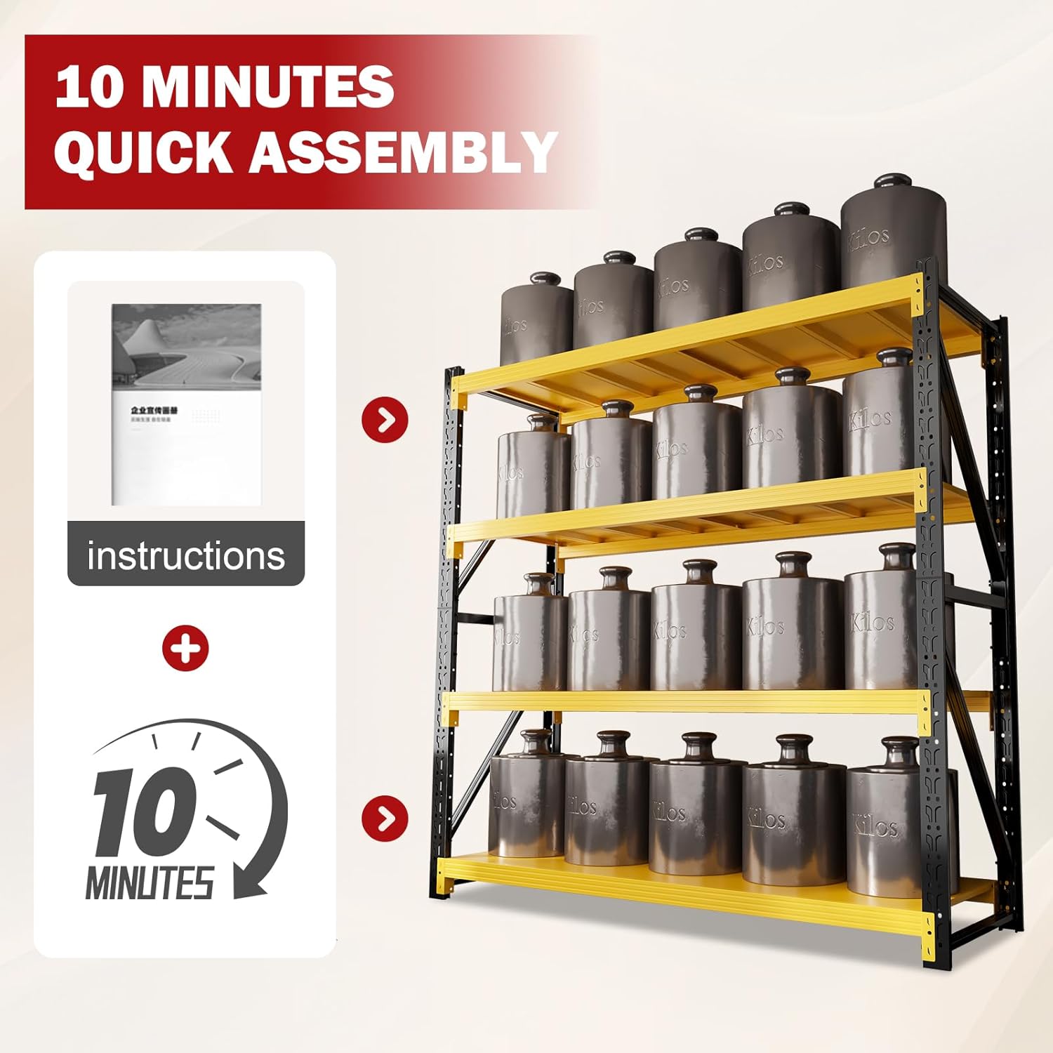 5000lbs Garage Shelving Heavy Duty, 79" H 4-Tier Metal Adjustable Garage Shelves, Storage Shelves for Warehouse, Pantry, Basement, 59" W X 24" D X 79" H (Black+Yellow, 59x24x79)