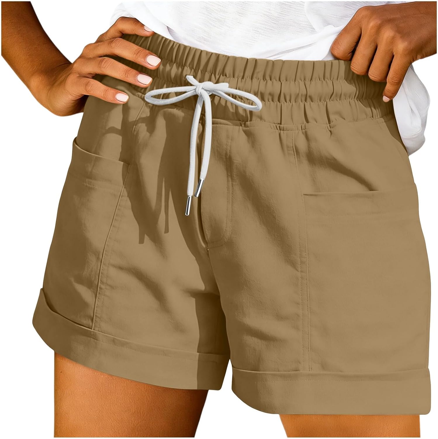 Women's High Waisted Casual Shorts Summer Elastic Waist Drawstring Shorts for Beach Travel Vacation with Pockets