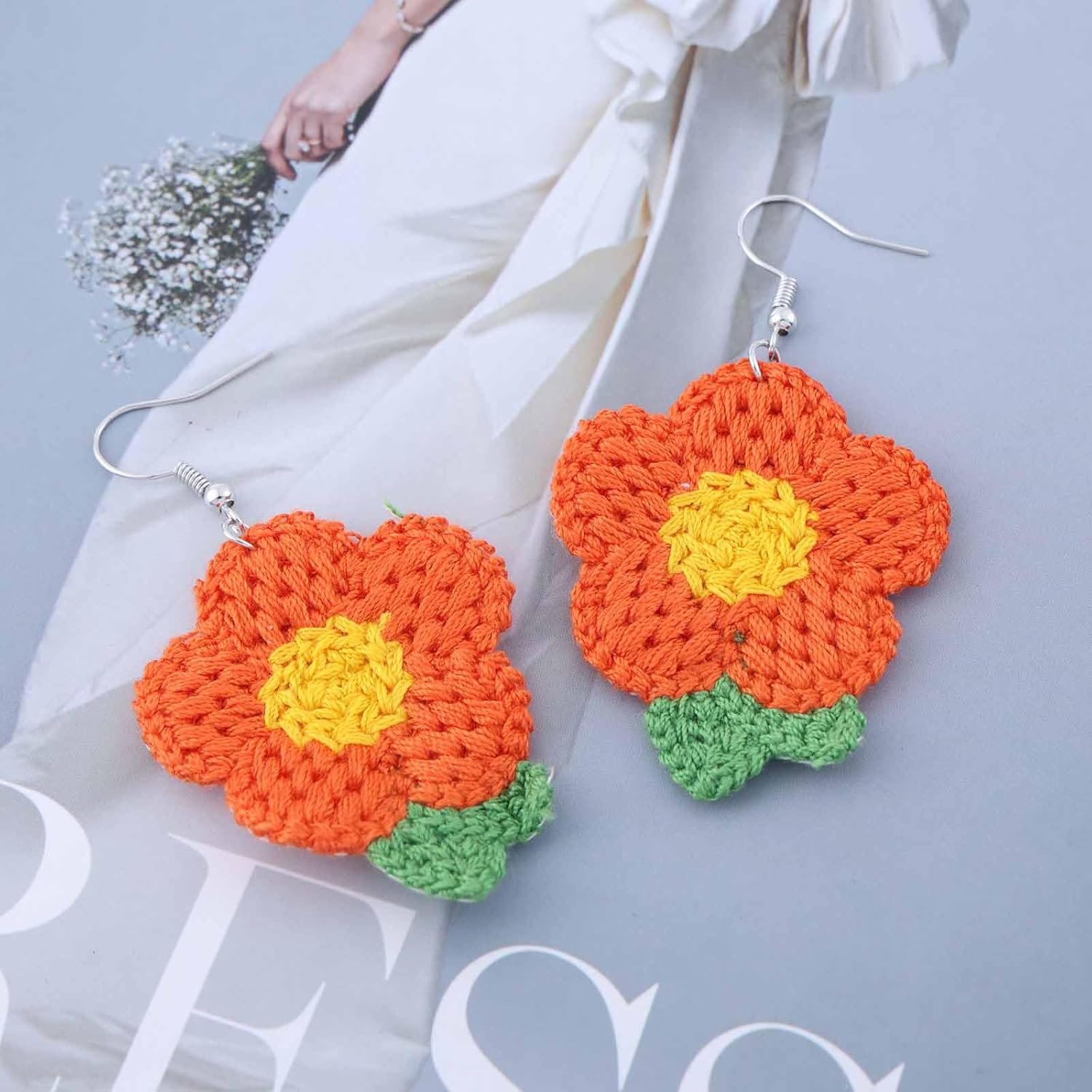 Boho Daisy Flower Dangle Earrings Vintage Braid Flower Earrings Red Crochet Flower Hook Earrings Knitted Flower Drop Earrings Jewelry for Women - Image 5