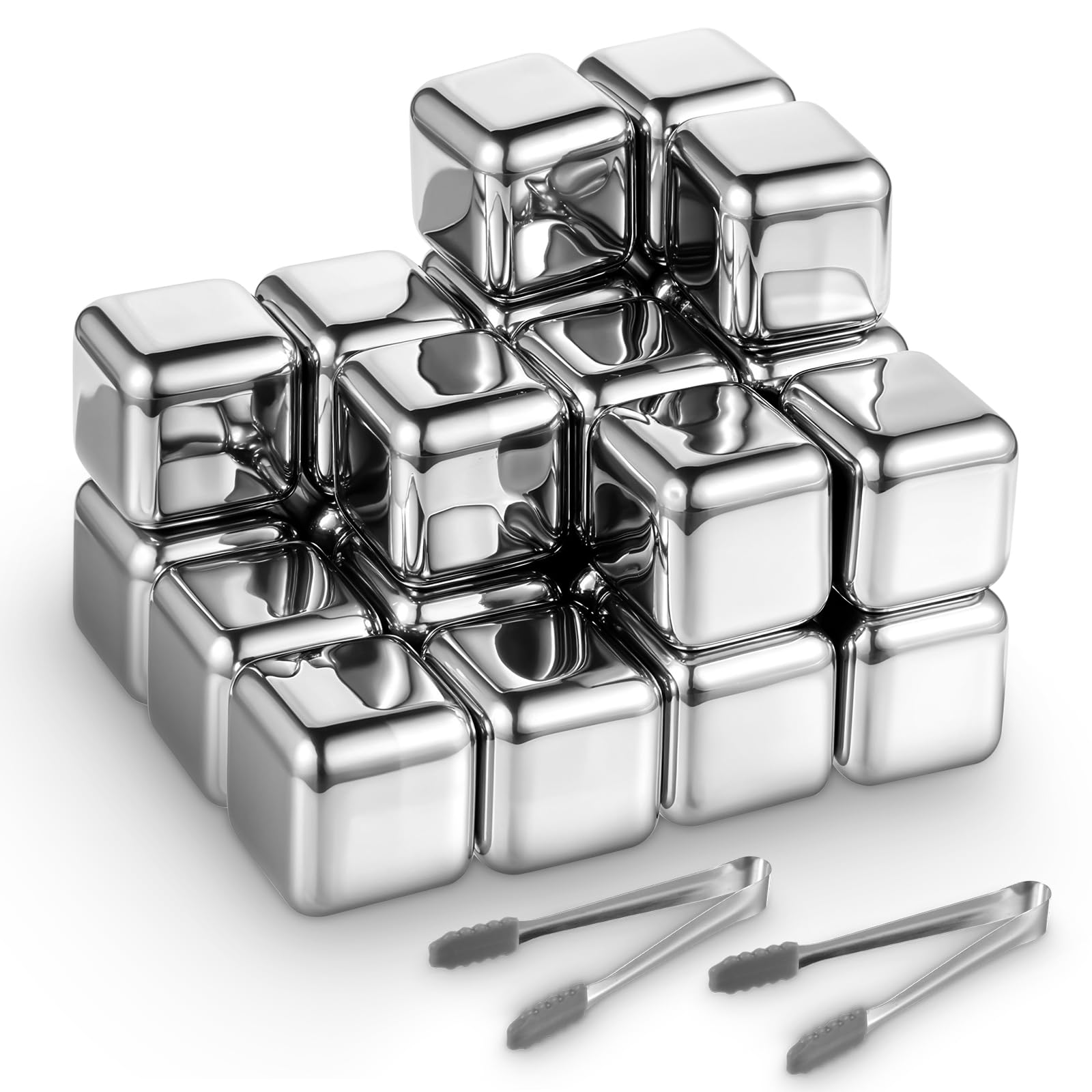 COMNICO 24 Pack Stainless Steel Ice Cubes, Reusable Metal Whiskey Stones High Cooling Chilling Rocks with Ice Tongs & Freezer Storage Box for Drinking