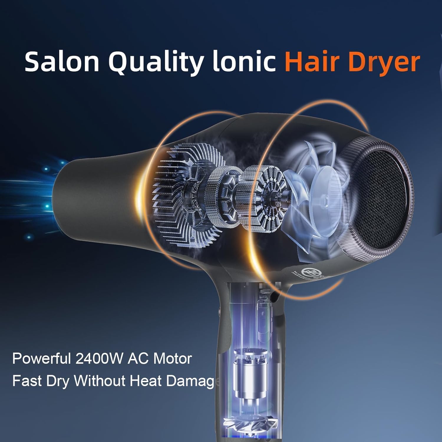 Secador de pelo profesional Ion 2400W Secador de pelo 3 Calefacción 2 velocidades Secador infrarrojo lejano Motor de CA de bajo ruido con difusor de secador de pelo (negro mate)
