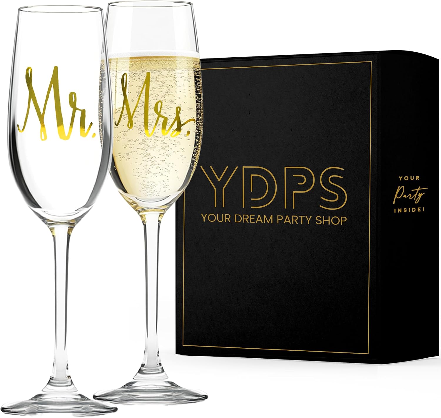 Your Dream Party Shop Mr. and Mrs. Champagne Flutes, 6oz Each- Wedding Glasses for Bride and Groom Sets, Perfect Wedding Toasting Glasses - Bride and Groom Gifts - Mr and Mrs Gifts