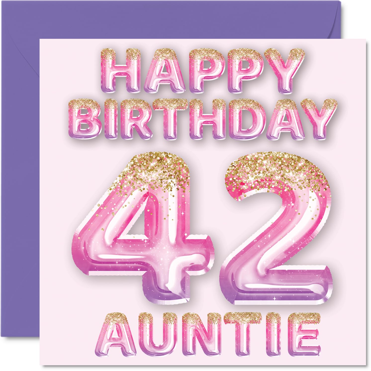 42nd Birthday Card for Auntie - Pink & Purple Glitter Balloons - Happy Birthday Cards for 42 Year Old Aunt Aunty from Nephew Niece, 145mm Bday Greeting Cards Gift