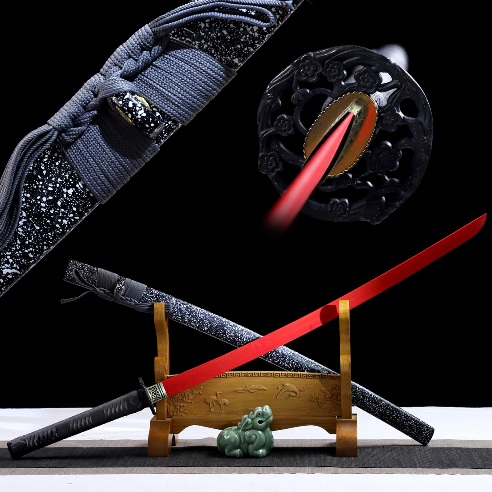 Espadas samurái japonesas de madera 102 cm,hoja de bambú natural teñida en rojo,vaina madera con pintura en aerosol,bokken hecho a mano,katana de entrenamiento de madera para kendo,cosplay,regalo