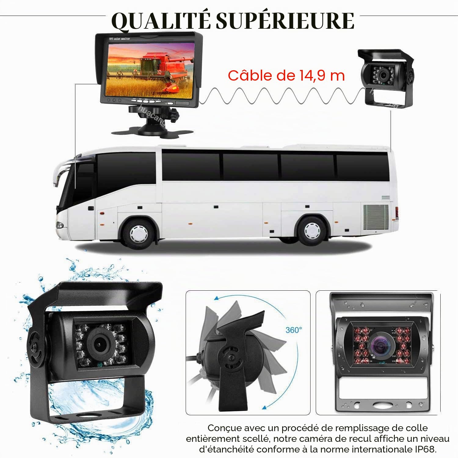 Kit de caméra de recul HD 4 broches IP68 étanche vision nocturne Caméra de recul LCD 7" pour camionnettes, camping-cars, camionnettes, caravanes, remorques, boîte à chevaux