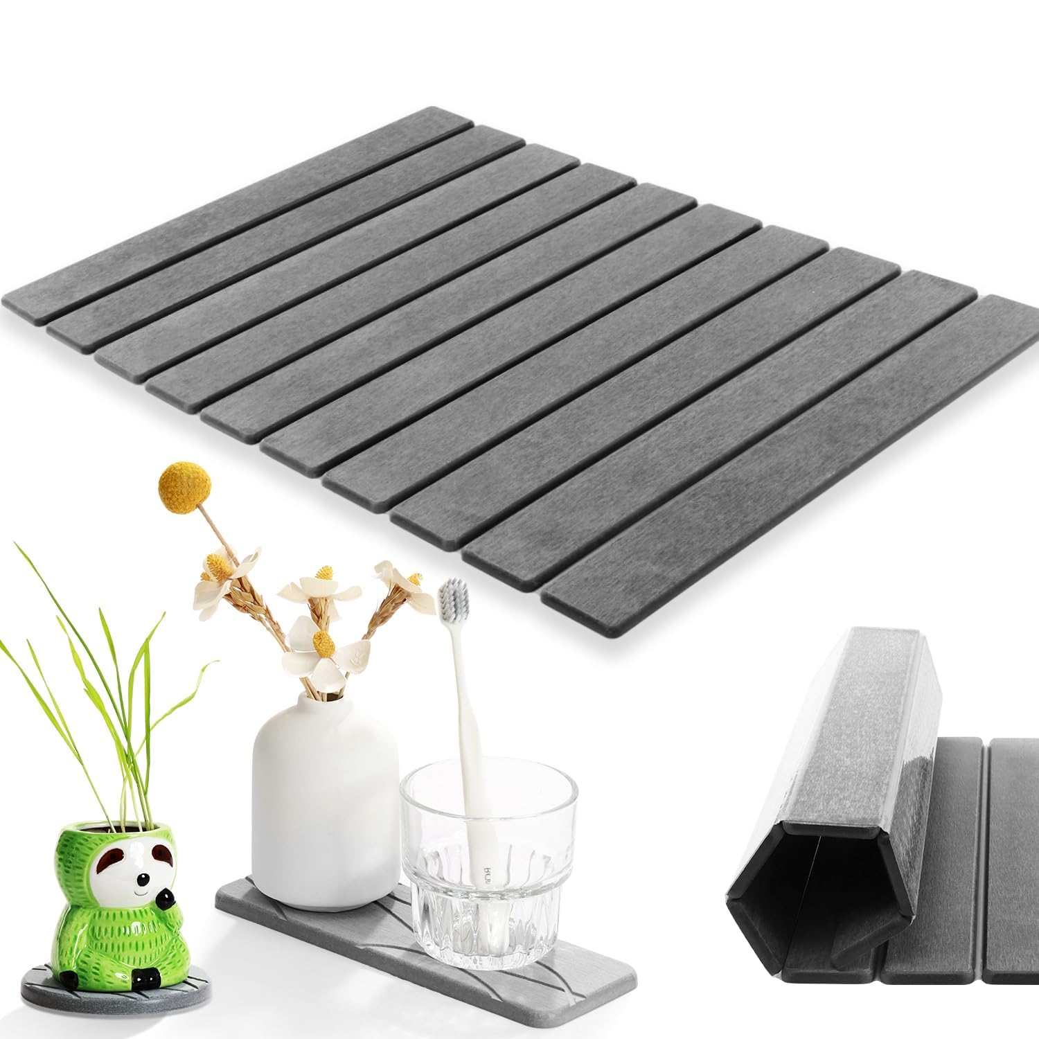 Stone Bath Mat Multipurpose, Foldable Stone Bathmat 23x15 Inch Water Absorbing Drying Mat for Kitchen Counter Bathroom Self Drying Bath Mats Gray