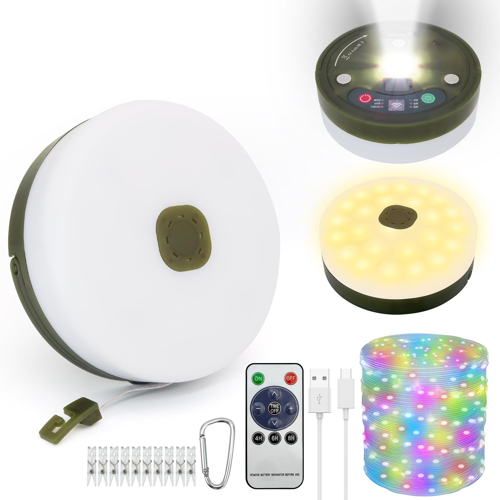 10m Camping Lichterkette Aufrollbar, USB Wiederaufladbar, 1800mAh, 9 Beleuchtungsmodi, IP44 Spritzwassergeschützt und Verstaubar Tragbar für Camping, Zelte, Wohnmobil (RGB/USB-Ladung)