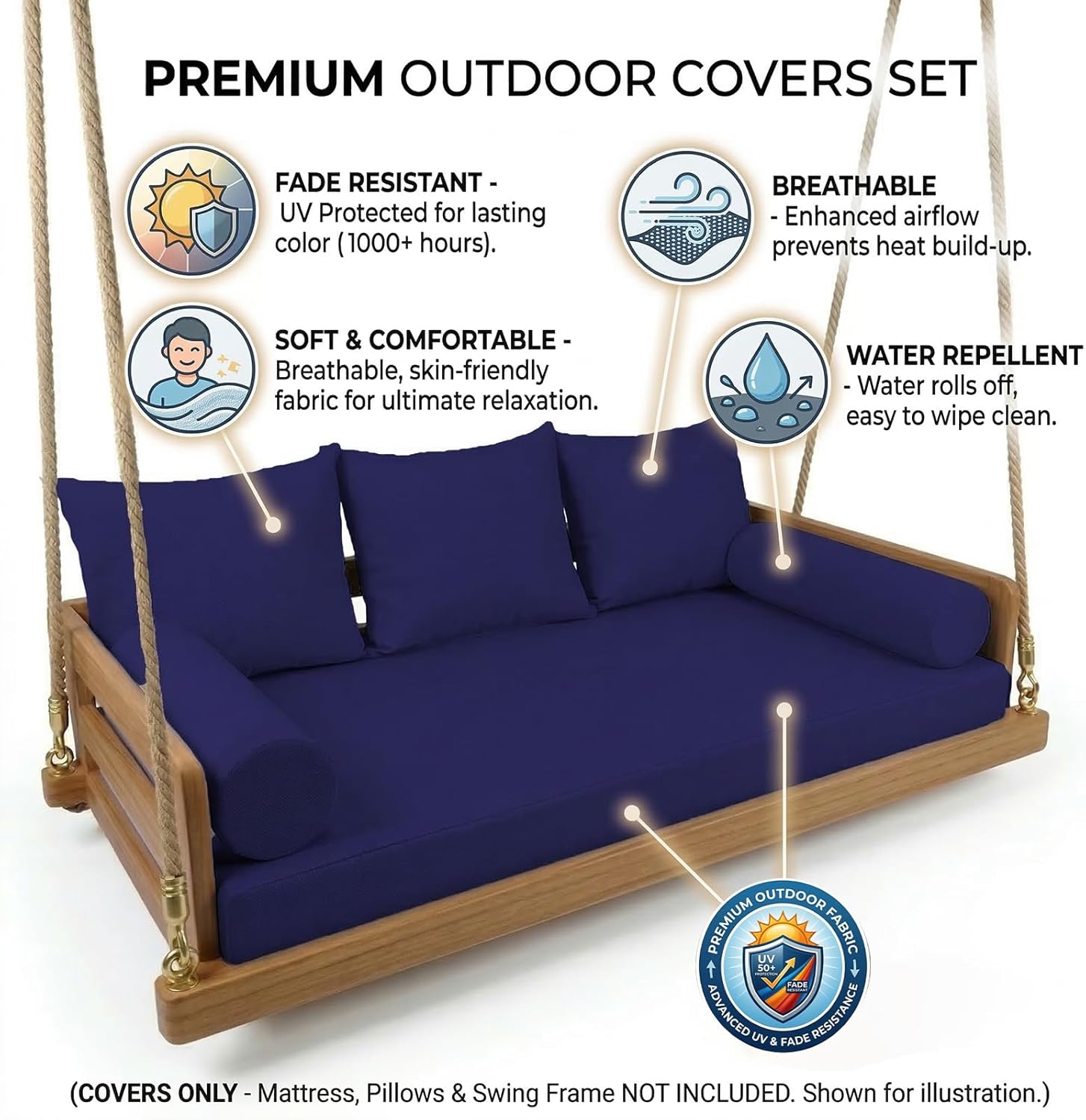 Water-Resistant Outdoor Daybed Cushion Cover Set for Twin Size - Fade Resistant, Breathable Zippered Covers (6-Piece, Off White) - Fits Swing, Patio & Garden Furniture