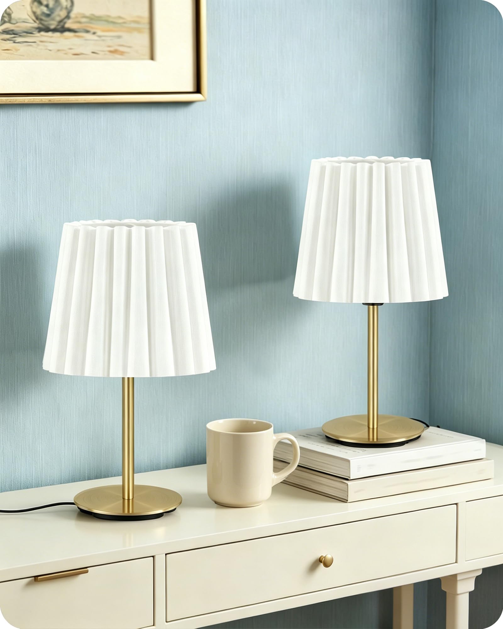 Petite Lampe de Chevet Lot de 2, Abat-Jour Blanc et Or