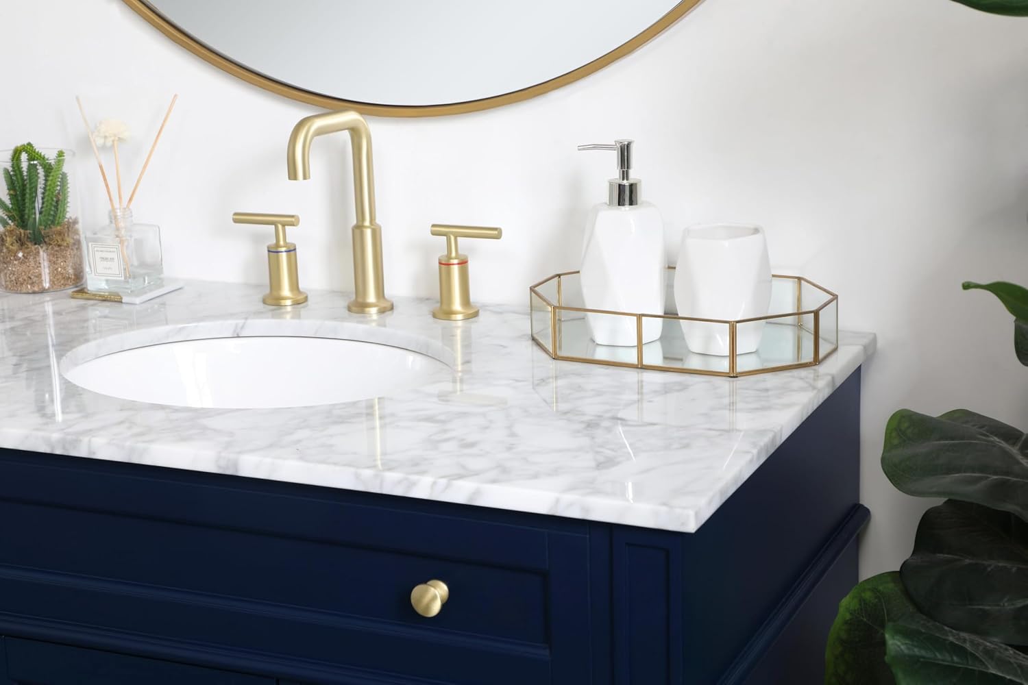 42 Single Bathroom Vanity, with Carrara White Marble Top Soft-Close, Blue