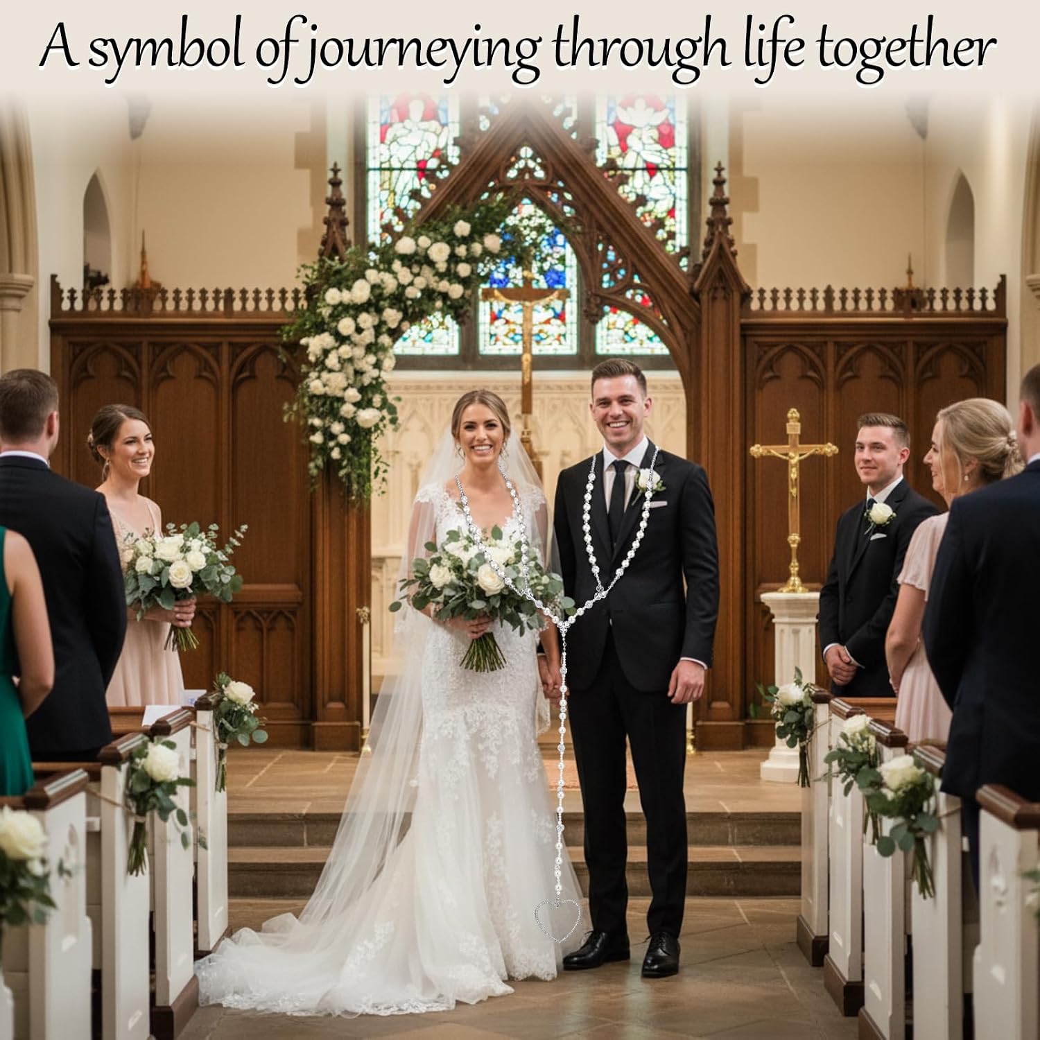 Liliaafar Lazo Para Boda Catolica Wedding Lasso Set for Ceremony, White Fine Pearls with Metal Bead, Crystal Accents, and Heart Pendant for Bridal