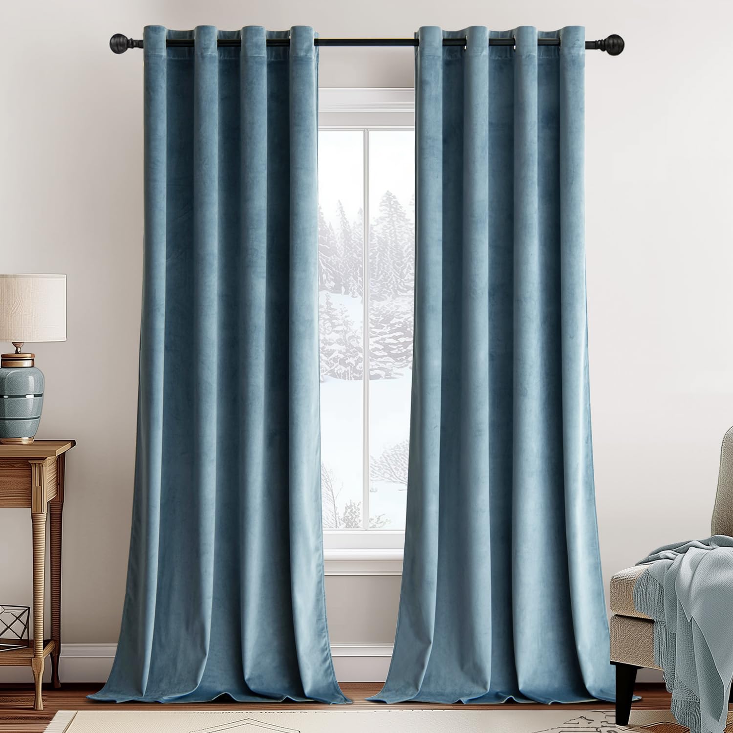 MIULEE Elegant Velvet Curtains Dark Slate Grommet Curtain Thermal Insulated Soundproof Room Darkening Blackout Blue Curtains/Drapes for Girls & Ladys Living Room/Bedroom Decor 52 x 96 Inch Set of 2