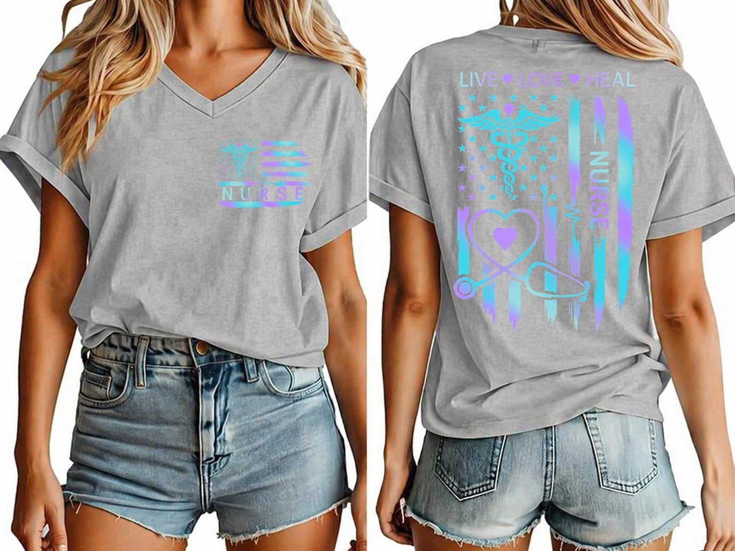 Nurse Flag Shirt Men Women Graphic Short Sleeve T-Shirt Tee, American Flag Nurse V-Neck Shirt