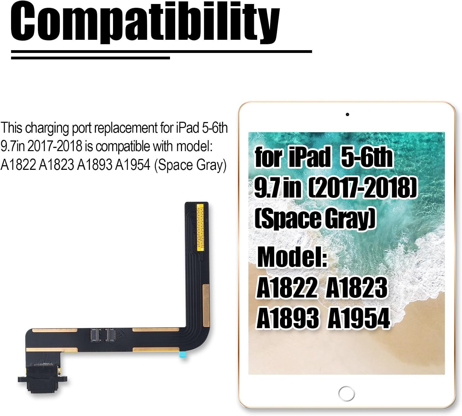 Charging Port Replacement for iPad 5/6 9.7in Charging Port Flex Cable for iPad 5th Gen 2017 / 6th Gen 2018 Charger Board Replacement Compatible with: A1822 A1823 A1893 A1954(Space Grey)