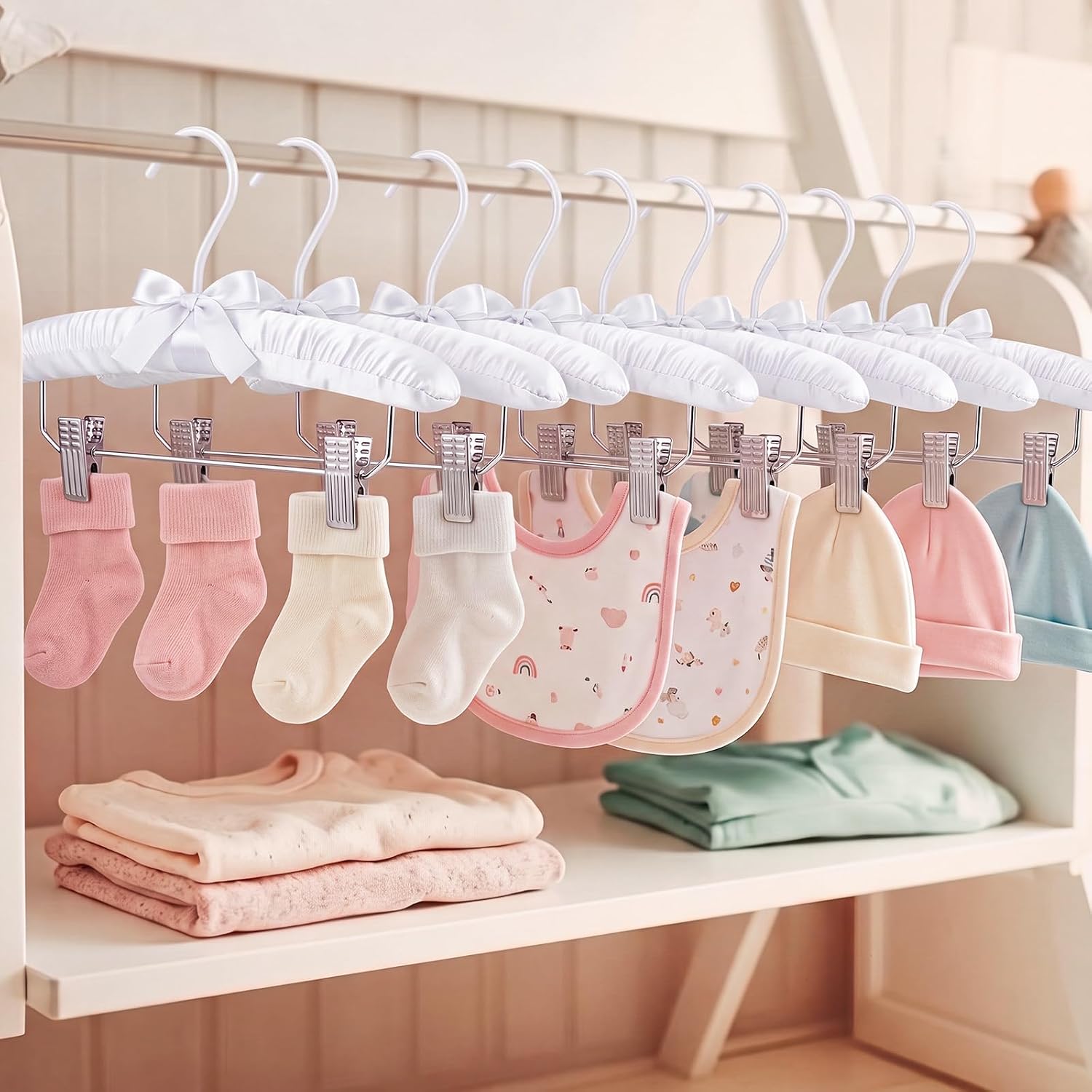 Novabright 10 Pcs 10" Baby Satin Padded Hangers with Metal Clips, White