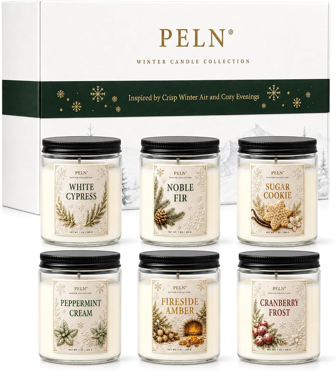 Paquete de 6 velas de invierno, juego de regalo, cera de soja de 7 oz, aromas navideños navideños
