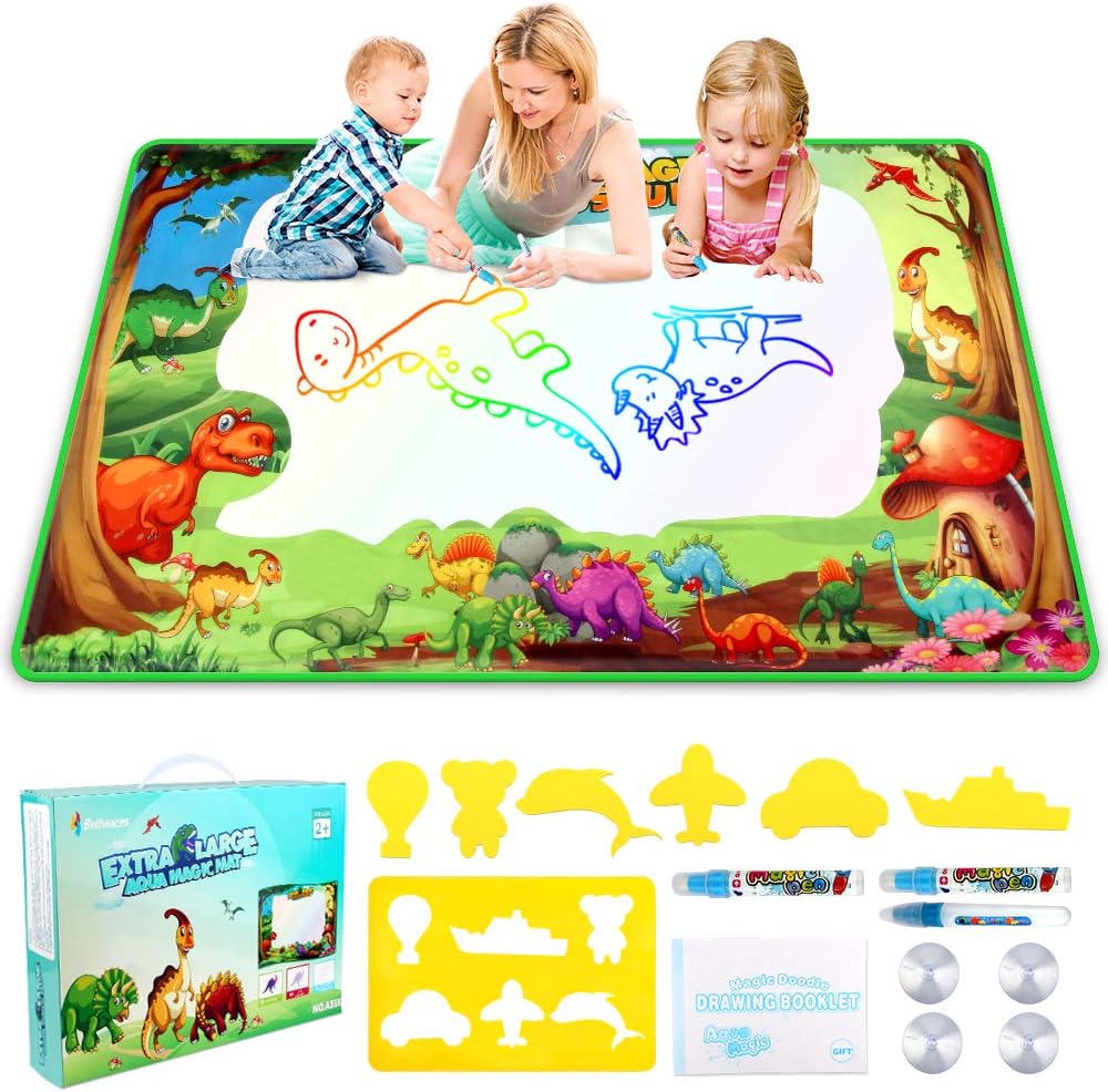 Betheaces Water Doodle Drawing Mat,Dinosaur Play Mats for Kids Extra Large 60" X 36" Aqua Painting Gift Mess Free Writing 7 Rainbow Colors with Magic Pens for Boy Girl Toddler Baby