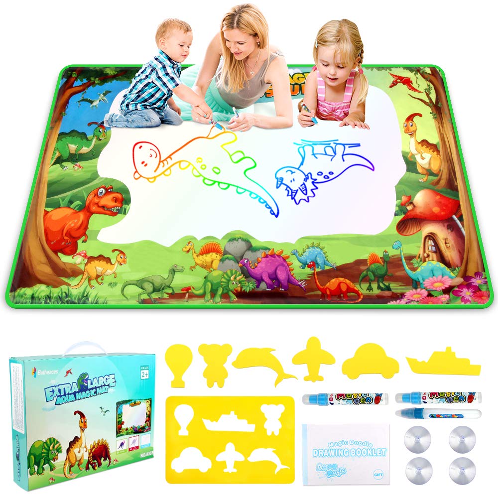 Betheaces Water Doodle Drawing Mat,Dinosaur Play Mats for Kids Extra Large 60" X 36" Aqua Painting Gift Mess Free Writing 7 Rainbow Colors with Magic Pens for Boy Girl Toddler Baby