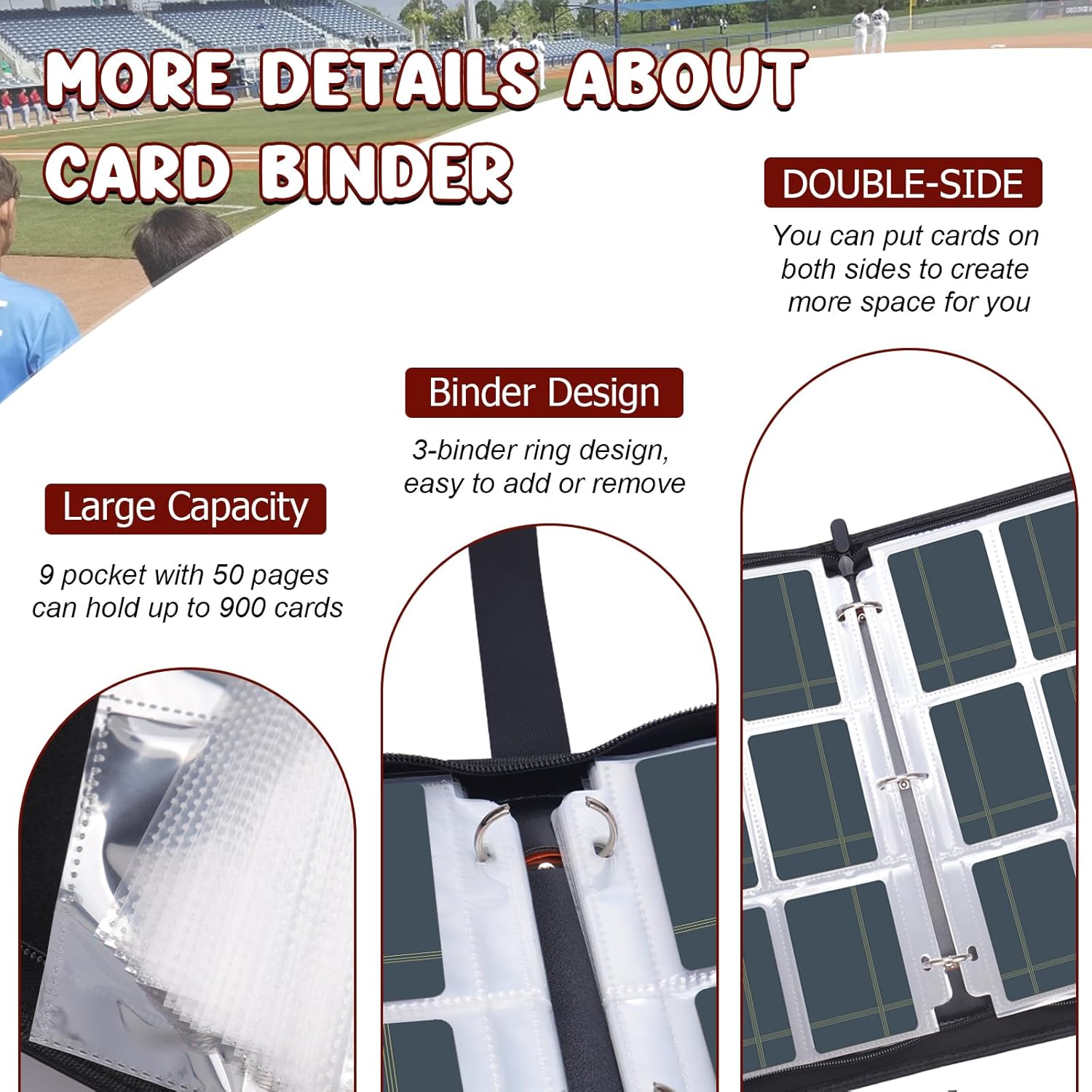 Baseball Card Binder 900 Pockets, HYMENEX Baseball Card Holder 9-Pocket Trading Card Binder Fits 900 Cards with 50 Removable Sleeves for Sports,Game Cards
