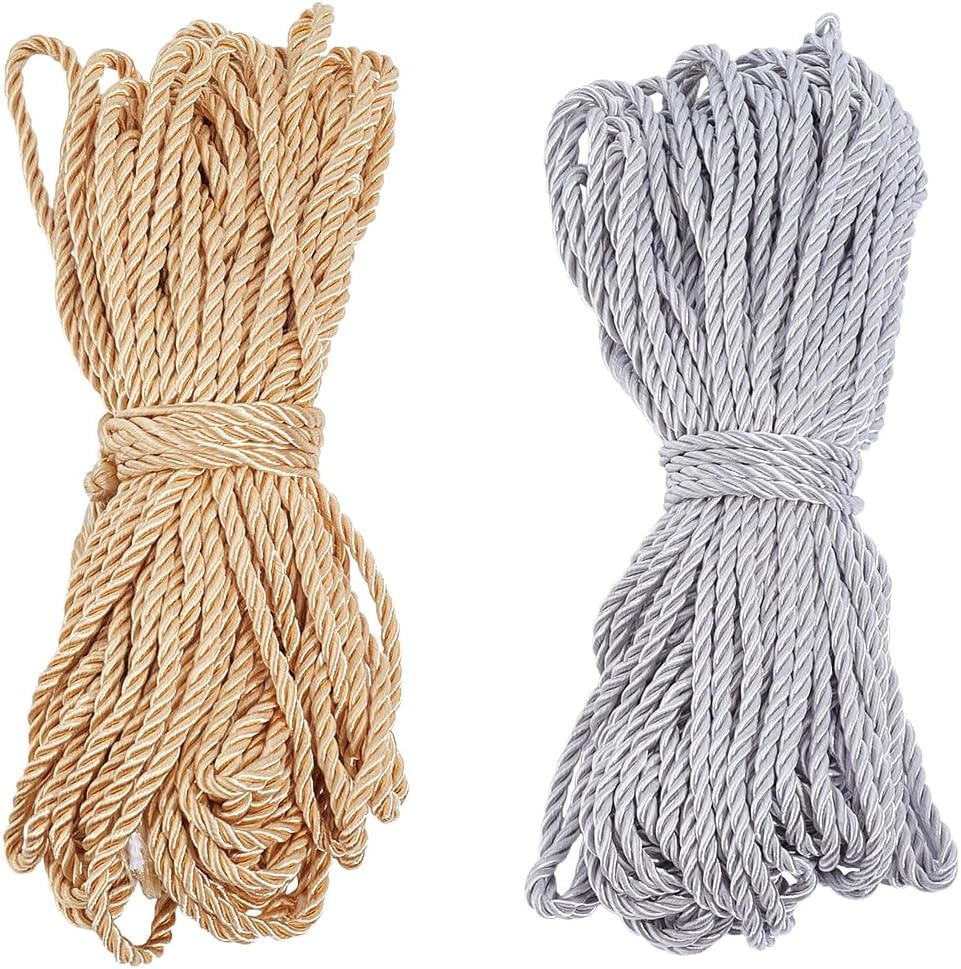 2Pcs 3mm Twisted Cord 32.8 Yards Golden Silver Twist Cord Trim 3-Ply Twine Braided Rope Decorative Cords Shiny Polyester String for Christmas Embellish Halloween Costumes Home Décor