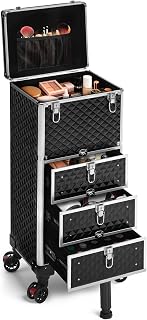 Rolling Makeup Train Case with 3 Drawers, Nail Trolley Cart Salon Station Cosmetology Case on Wheels Organizer Cases for Nail Tech,SPA,Face Painting,Hairstylist,Makeup Artist (Silver & Black)