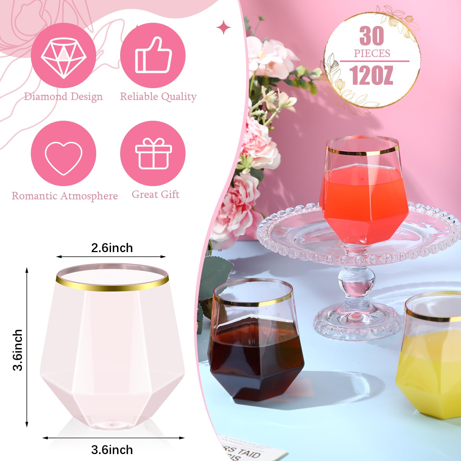 Amazon.com | Ziliny 30 Pack Pink Plastic Diamond Wine Glass Set Clear  Stemless Champagne Glasses, Shatterproof 12 oz Gold Rim Glasses Plastic  Cocktail Glasses Wedding Cups for Home Indoor Outdoor Birthday: Wine Glasses
