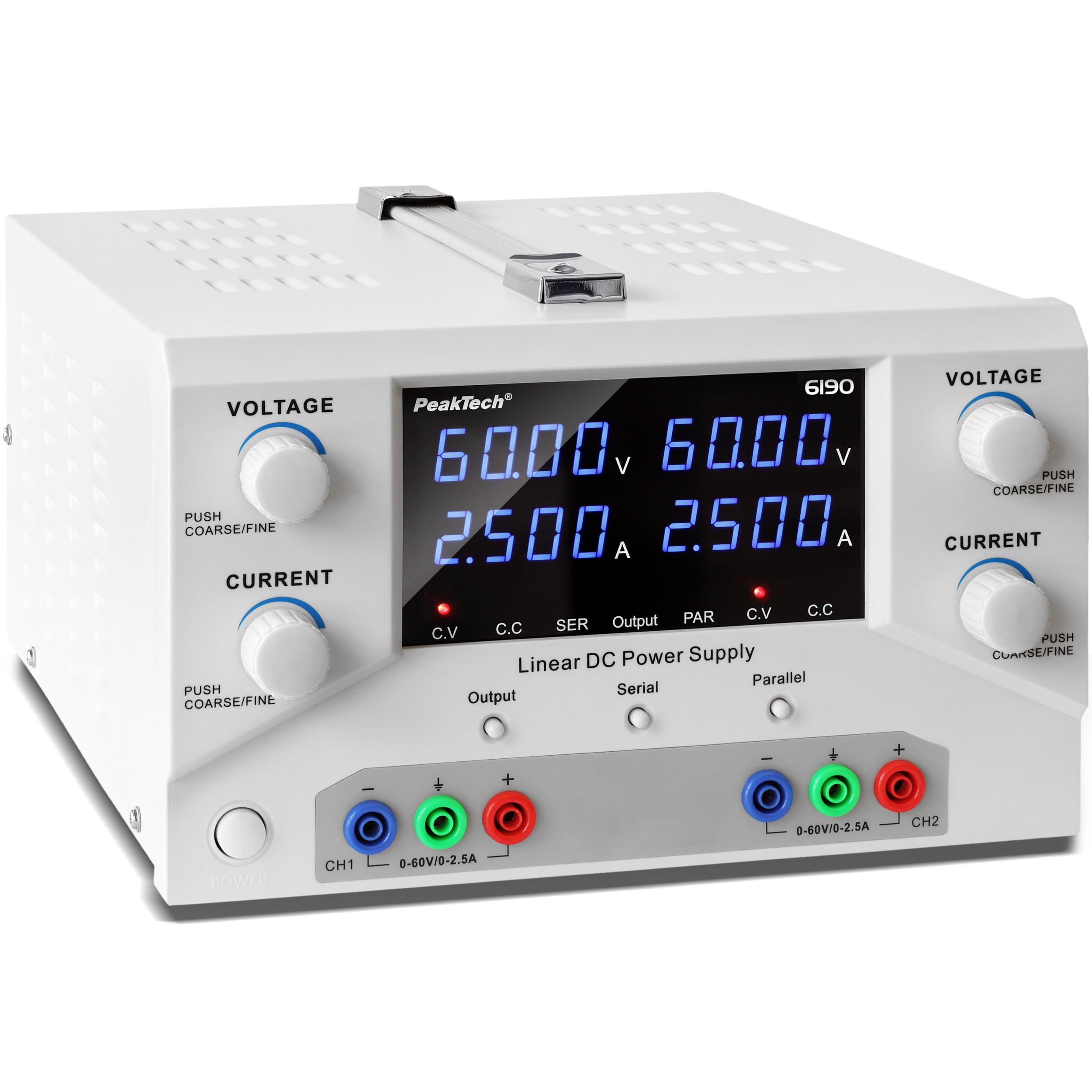 PeakTech 6190 - Alimentatore da laboratorio 2 x 0-60 V / 0-2,5 A DC SELV lineare alimentatore con trasformatore di separazione, doppio alimentatore di rete da laboratorio