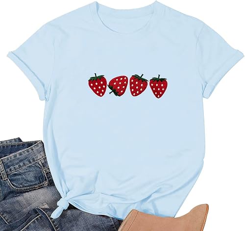 Strawberry Shirt for Women Fruit Graphic Tee Embroidered Strawberry T-Shirt Shor