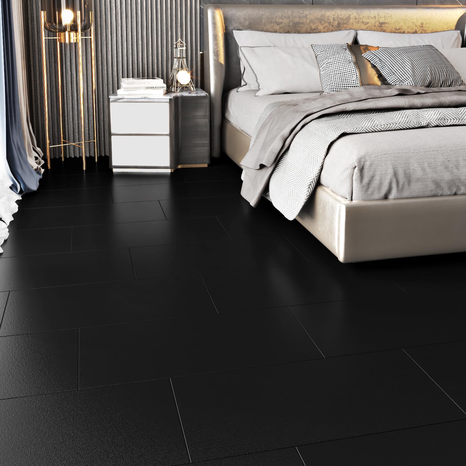 15 piastrelle nere adesive per pavimenti del bagno, in vinile, impermeabili, rimovibili, autoadesive, per affittuari, cucina, lavanderia, camper, 30,5 x 61 cm