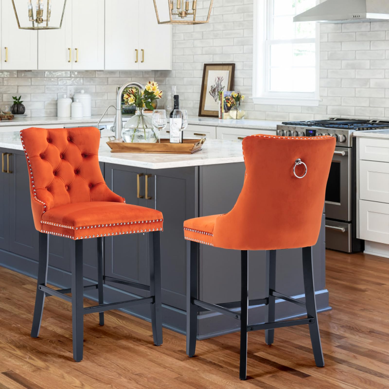SoarTalent Velvet Upholstered Bar Stools Set of 2 with Back and Wood Legs, Metal Pulling Ring, Armless Counter Height Barstools for Kitchen Island,